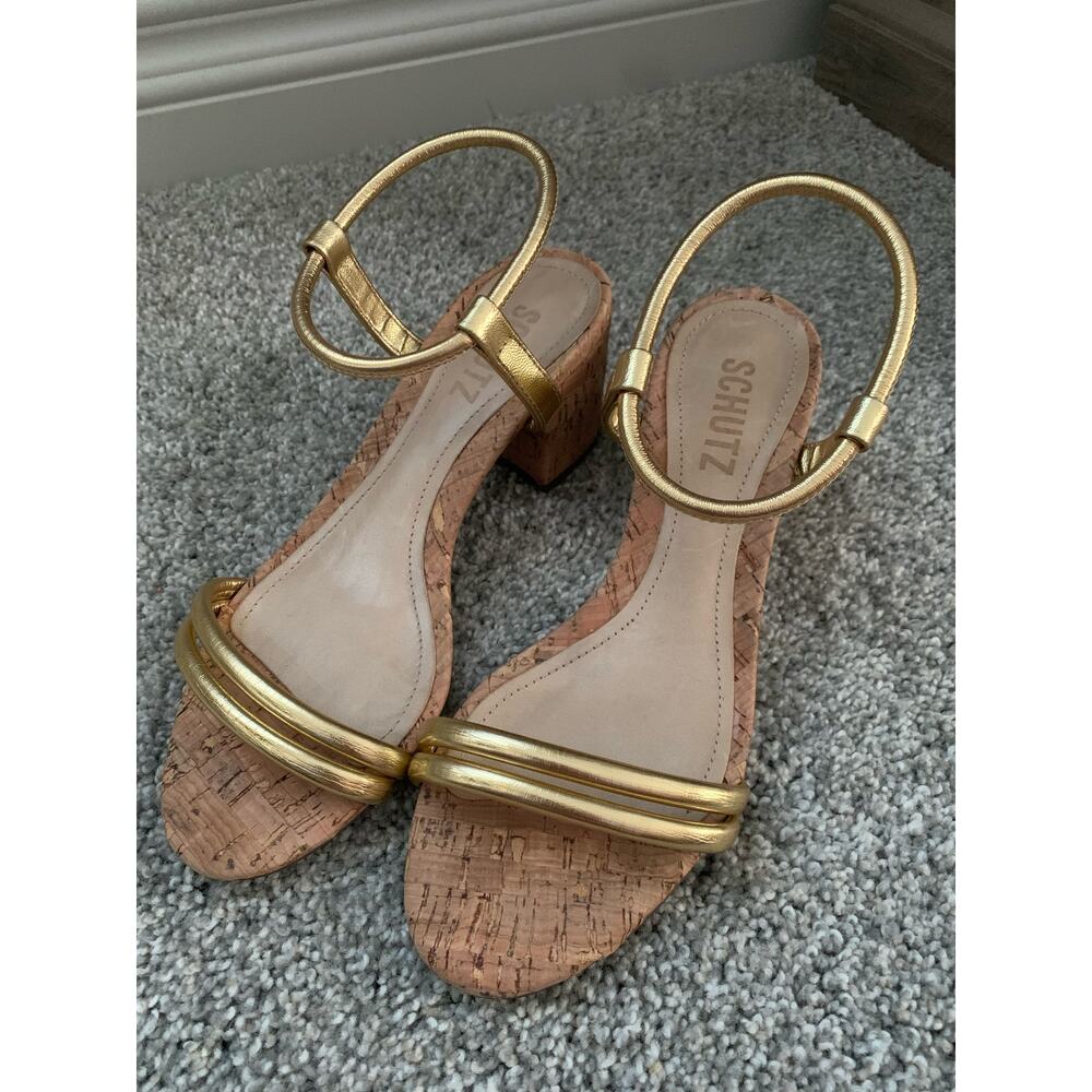 Schutz Gimenez Evereve Leather Sandals w/ Cork Heel - Size 5 - EUC - Picture 5 of 16